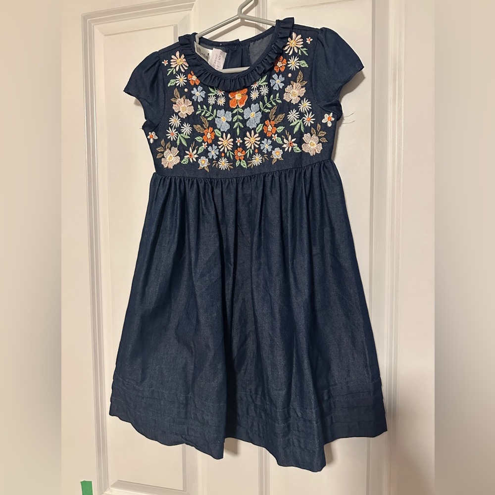 Iris & Ivy Dark Denim Dress with Floral Embroidery